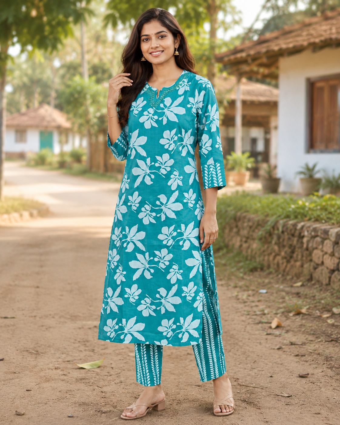 Women's Teal Floral Cotton Co-Ord Set | Soft Breathable Printed Cotton Kurta & Pants | Casual Ethnic Wear
