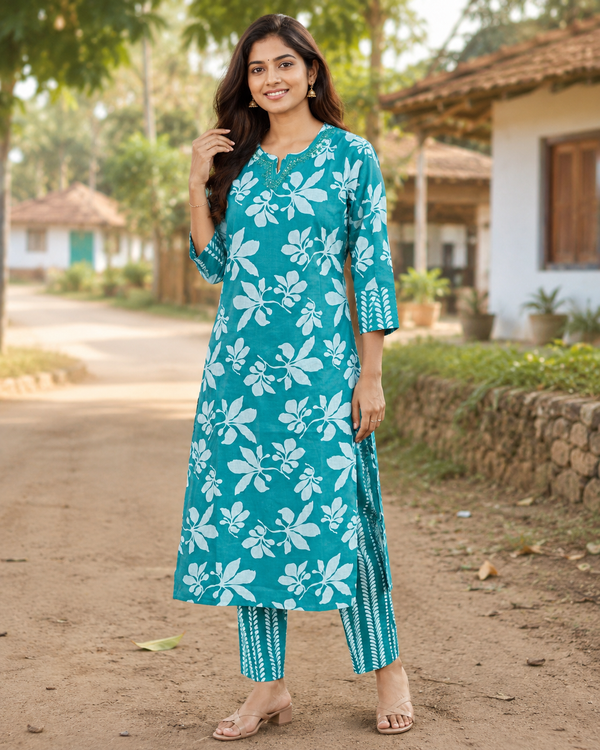 Women's Teal Floral Cotton Co-Ord Set | Soft Breathable Printed Cotton Kurta & Pants | Casual Ethnic Wear