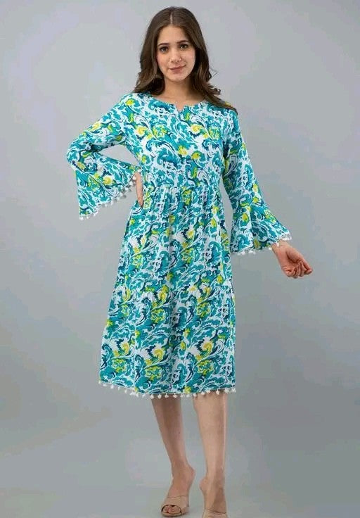 Blue Rayon A-Line Printed Kurti – Elegant Floral Style