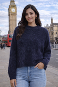 Navy Blue Fuzzy Knit Winter Sweater for Women