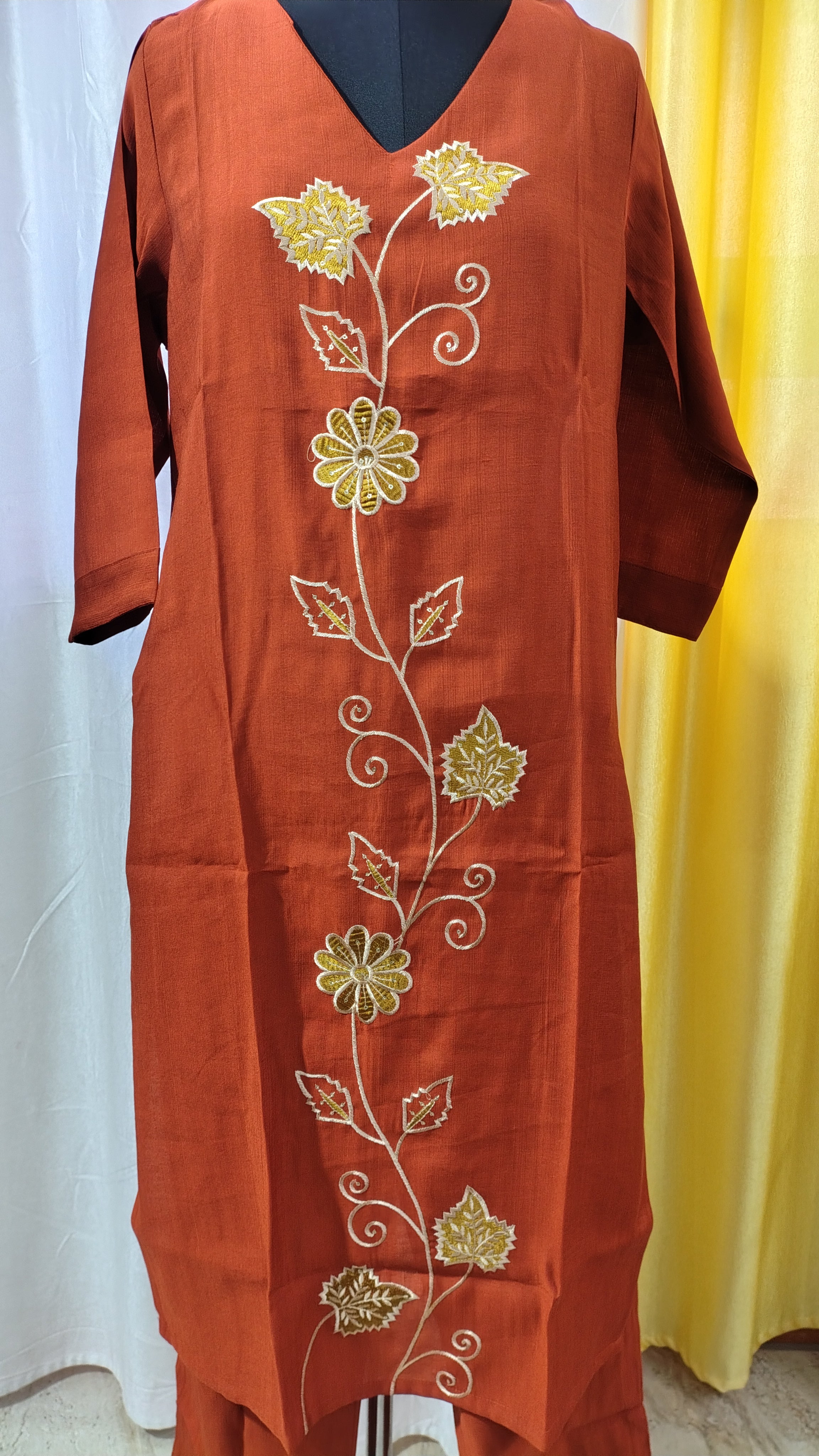 Elegant Rust Embroidered Co-ord Set with Palazzo – Verticon Fabric