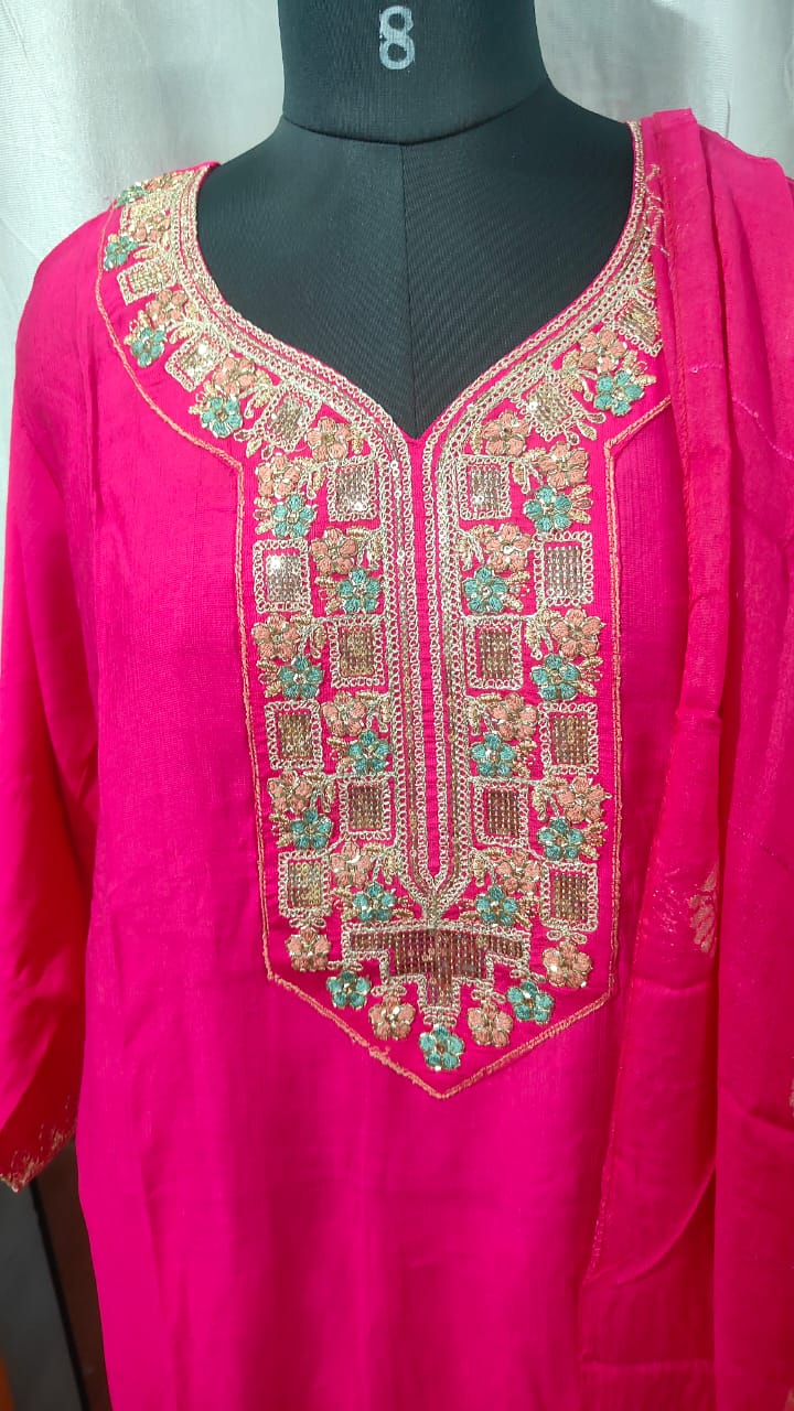 Women’s Vertican Fabric Kurti Set with Heavy Embroidered Yoke – Side Cut Kurti, Straight Pant & Dupatta | Festive Wear
