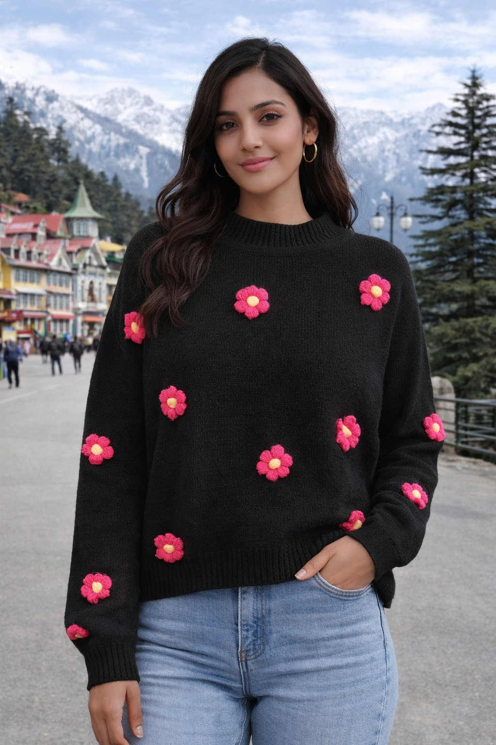 Floral Appliqué Black Winter Sweater for Women