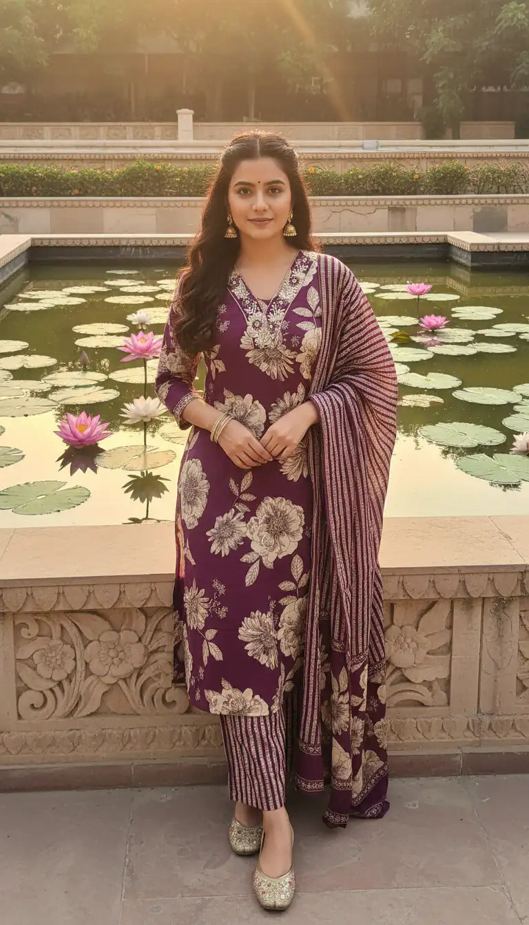Purple Kurta Set With Dupatta