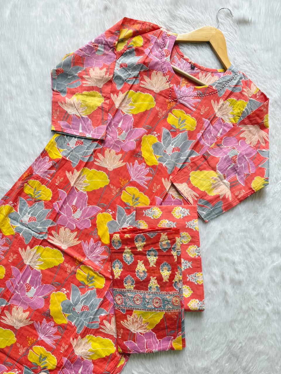Jaipur Cotton Floral Kurti Set for Women | 3-Piece Printed Kurta Set with Bottom & Dupatta | Office Wear Ethnic Set