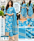 Blue Floral Jaipur Cotton Kurti Set for Women | 3-Piece Printed Kurta Set with Bottom & Dupatta | Office Wear