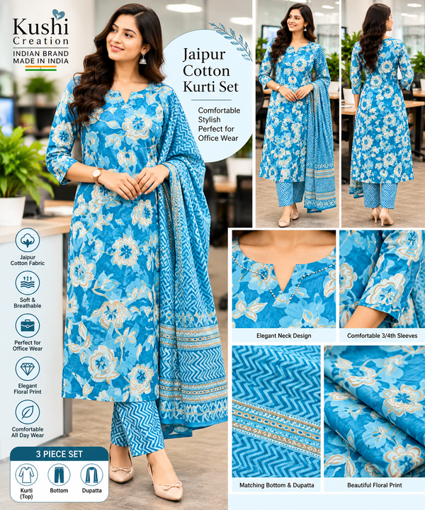 Blue Floral Jaipur Cotton Kurti Set for Women | 3-Piece Printed Kurta Set with Bottom & Dupatta | Office Wear