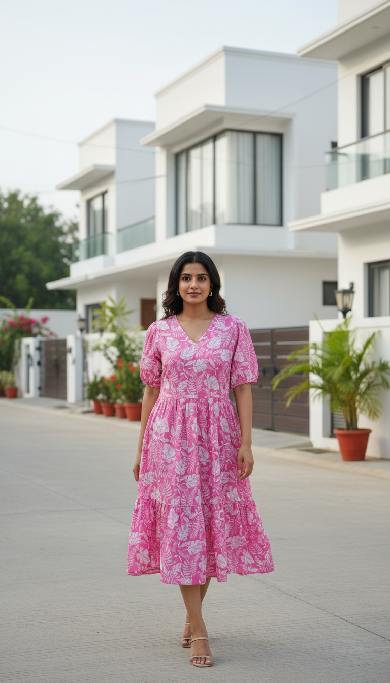 Women’s Cotton Midi Dress – Stylish Printed Casual Dress