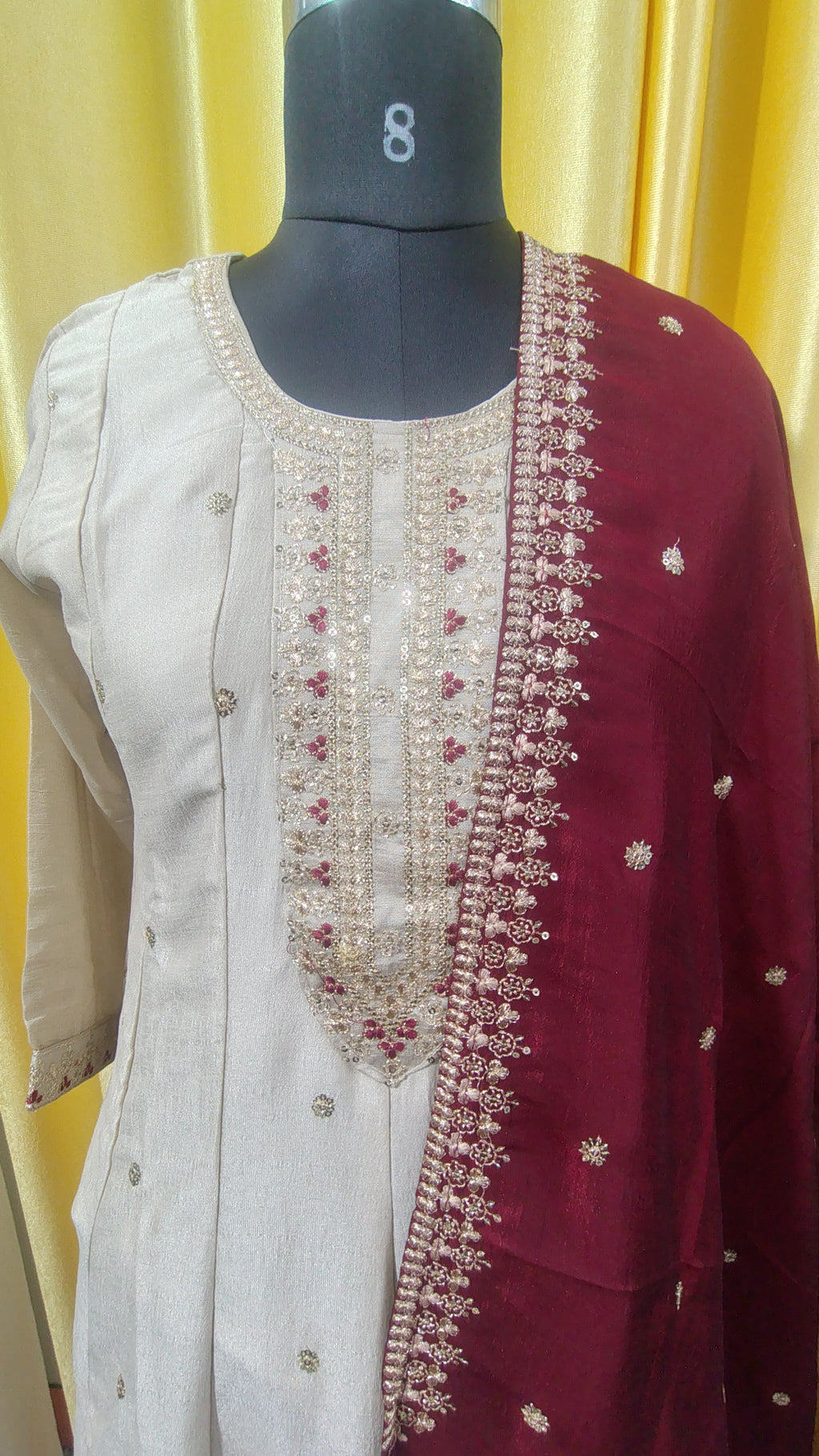 Women Cream A-Line Kurti Set Vichitra Silk with Embroidered Pant & Dupatta Festive Wear | Kushi Creation