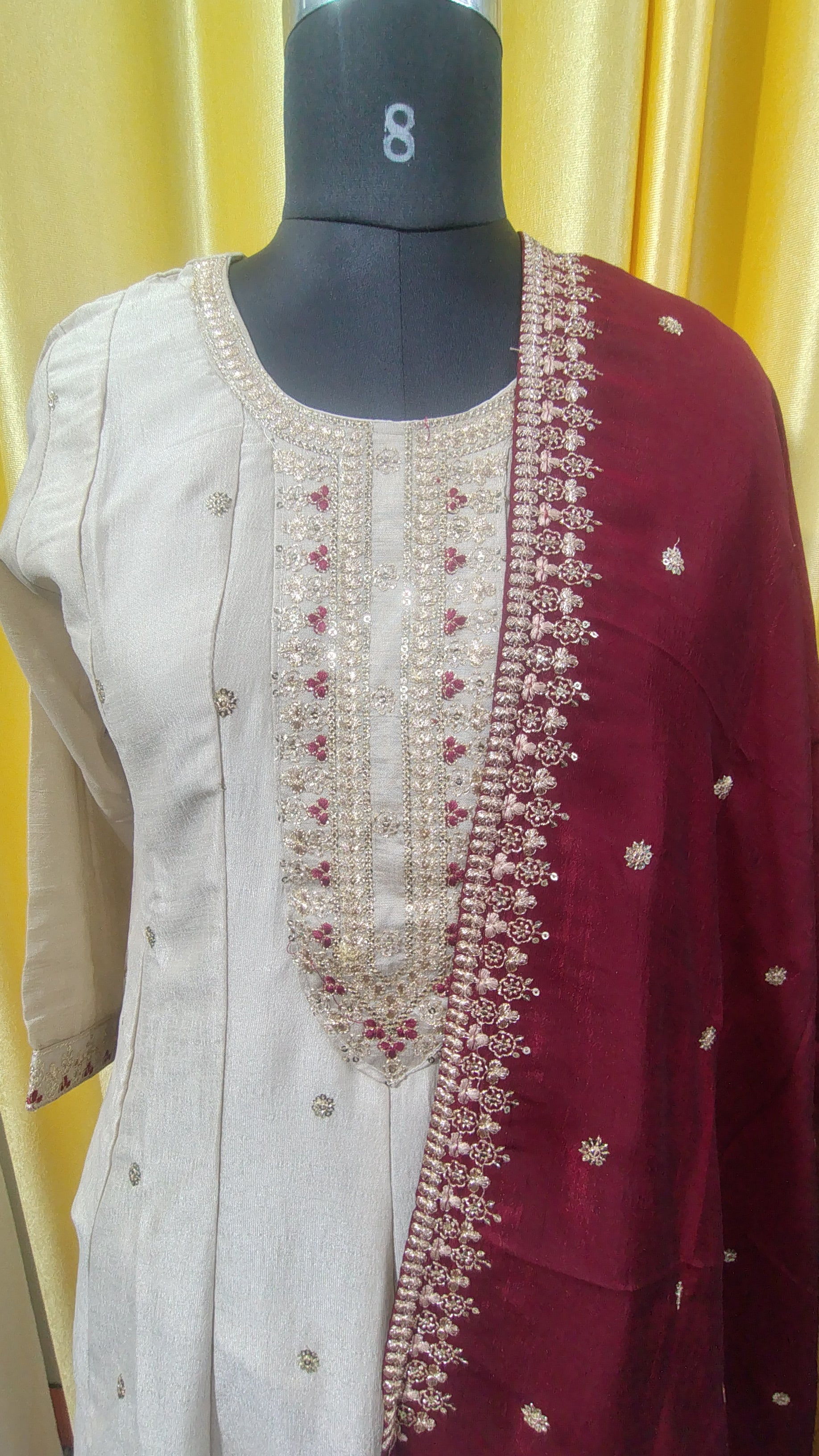 Women Cream A-Line Kurti Set Vichitra Silk with Embroidered Pant & Dupatta Festive Wear | Kushi Creation
