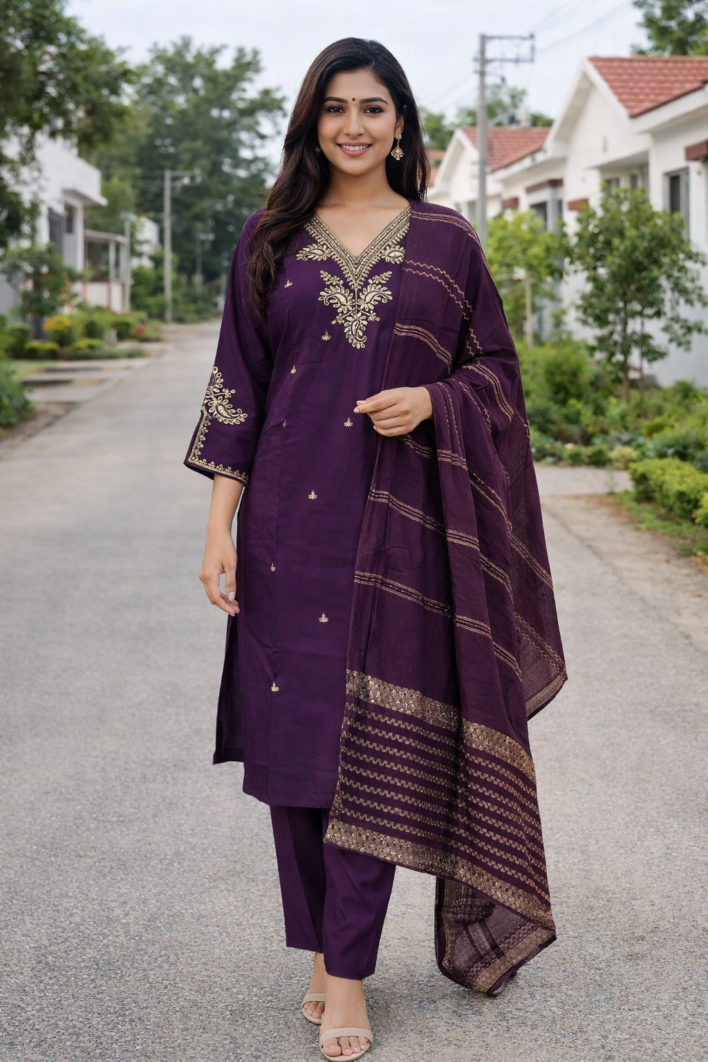 Royal Purple Semi Silk Kurti Set with Dupatta for Women