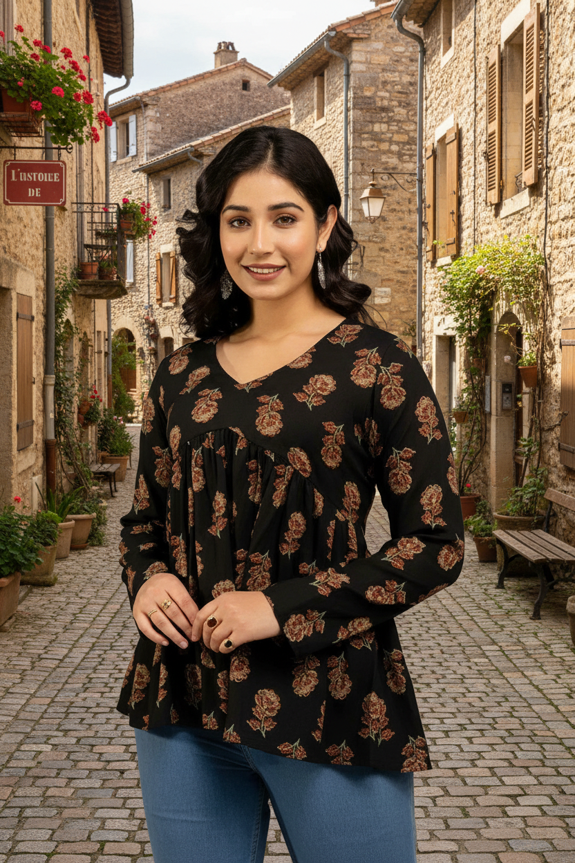 Black Floral Rayon Tunic – Elegant & Comfortable