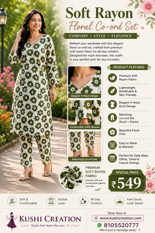 Elegant floral co-ord set, crafted from premium soft rayon fabric