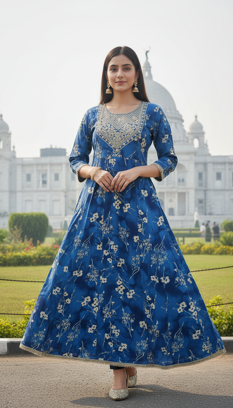 Elegant Blue Cotton Long Gown for Women