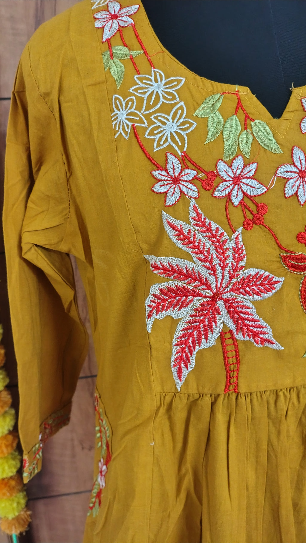 Mustard Yellow A-Line 3-Piece Mul Cotton Kurti Set with Floral Embroidery | Festive & Ethnic Wear