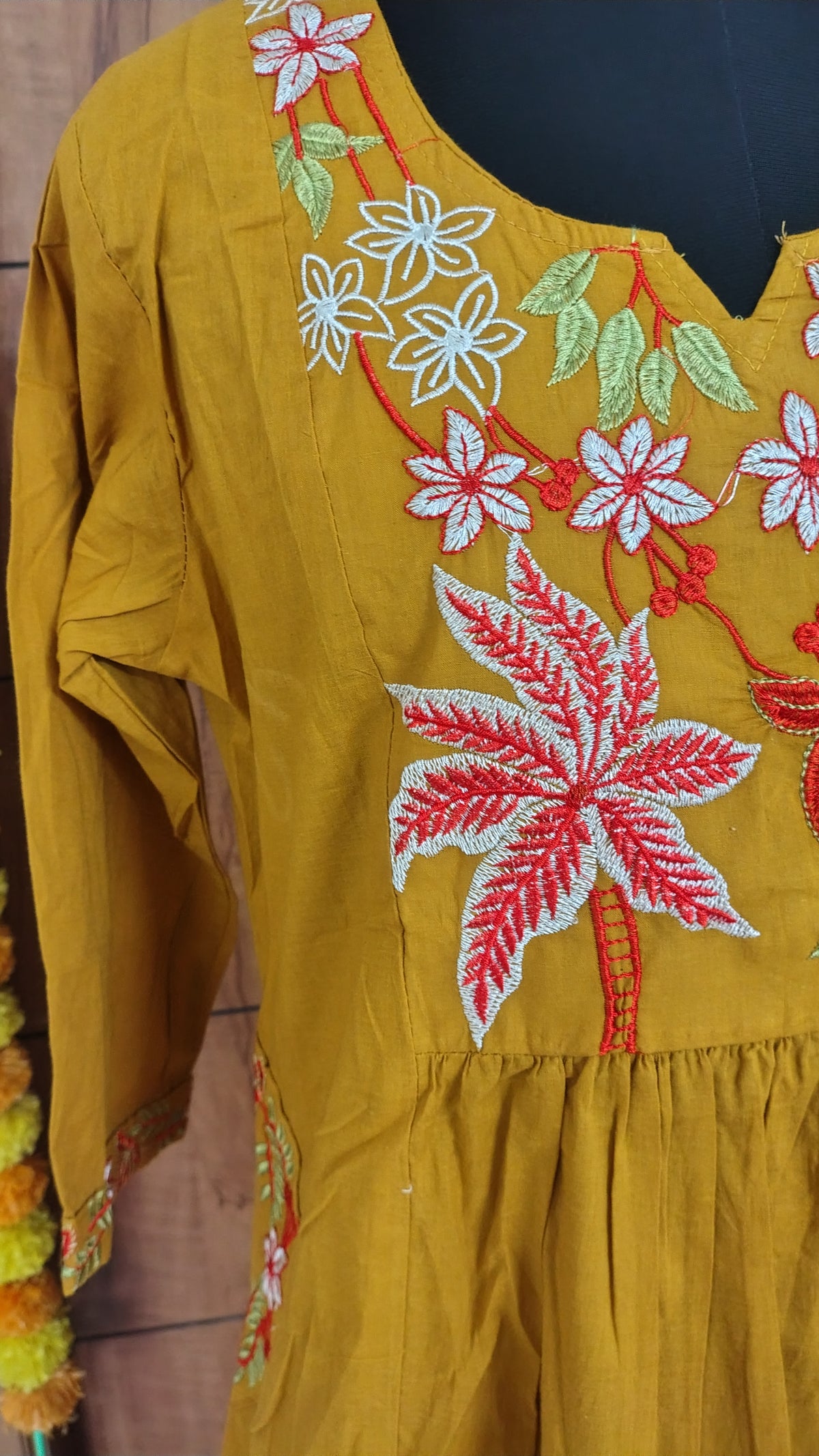 Mustard Yellow A-Line 3-Piece Mul Cotton Kurti Set with Floral Embroidery | Festive & Ethnic Wear