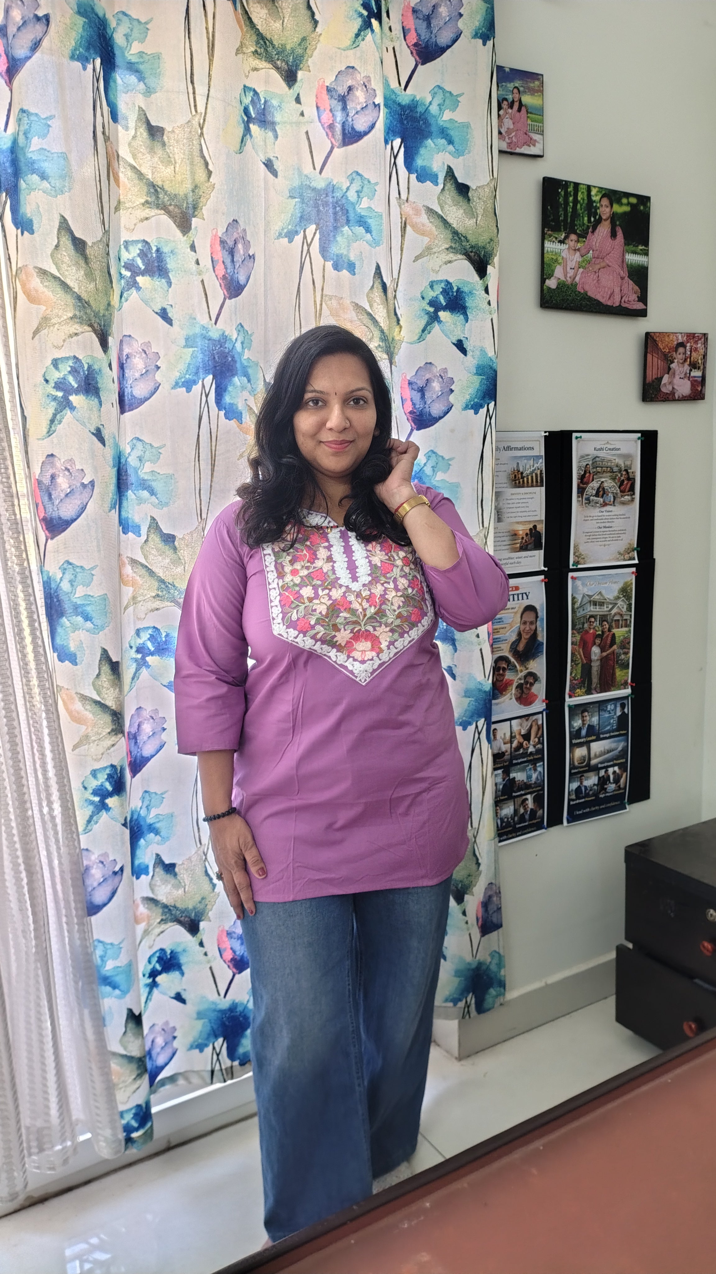 Elegant Pure Cotton Short Top – Floral Embroidered Yoke