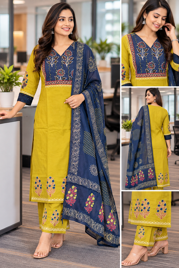 Dhabu Cotton C-Cut Kurti Set with Printed Dupatta | Stylish Ethnic Wear
