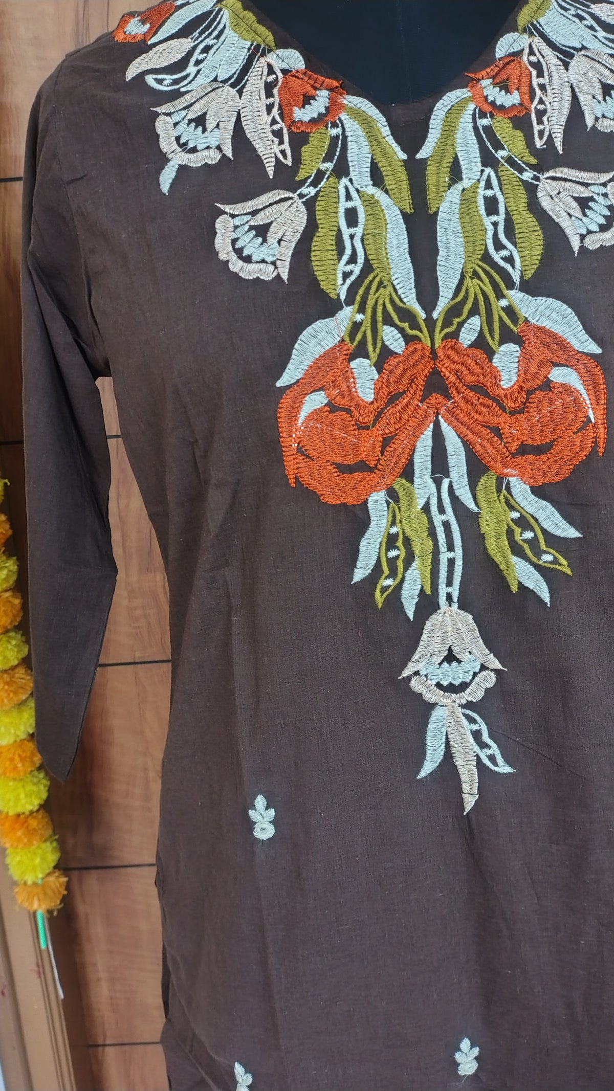 Brown Side-Cut 3-Piece Mull Cotton Kurti Set with Embroidery | Kushi Creation