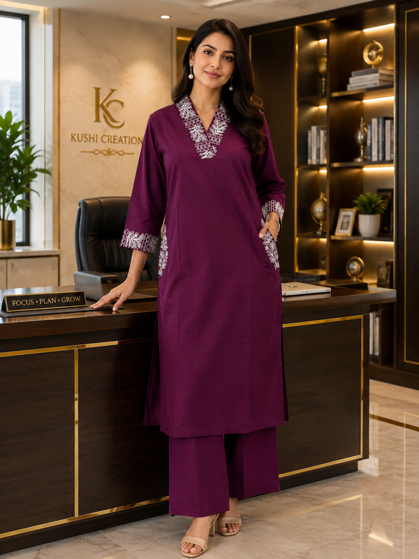 Premium Cotton Embroidered Office Wear Co-Ord Set – Elegant Kurti & Palazzo