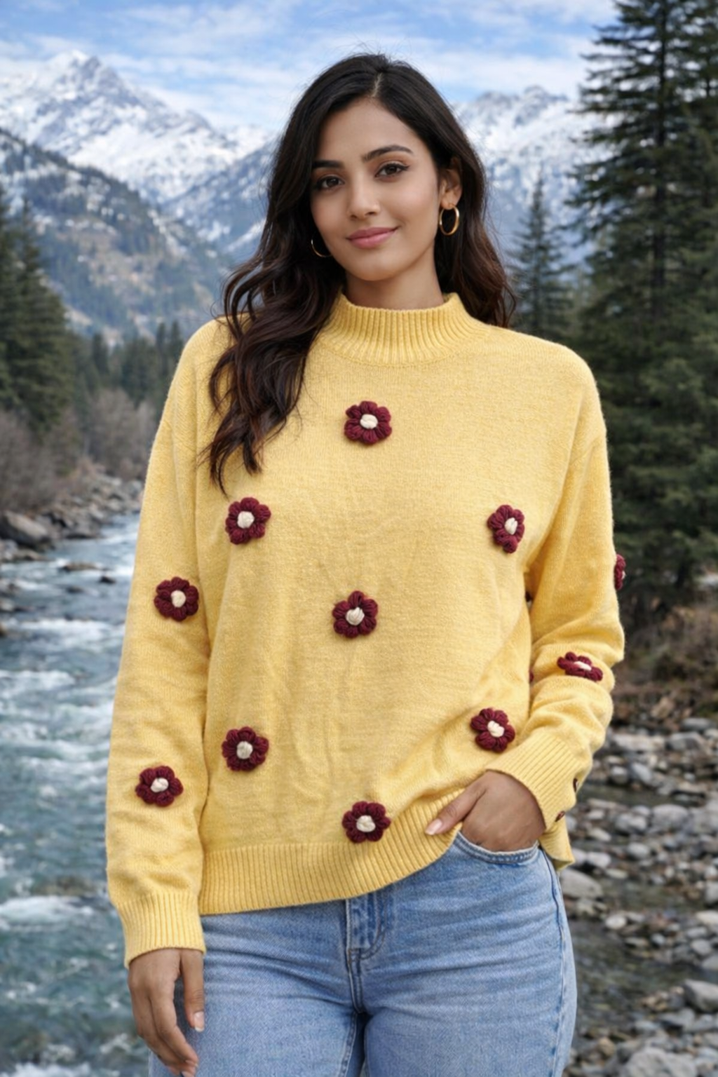 Floral Appliqué Winter Sweater for Women