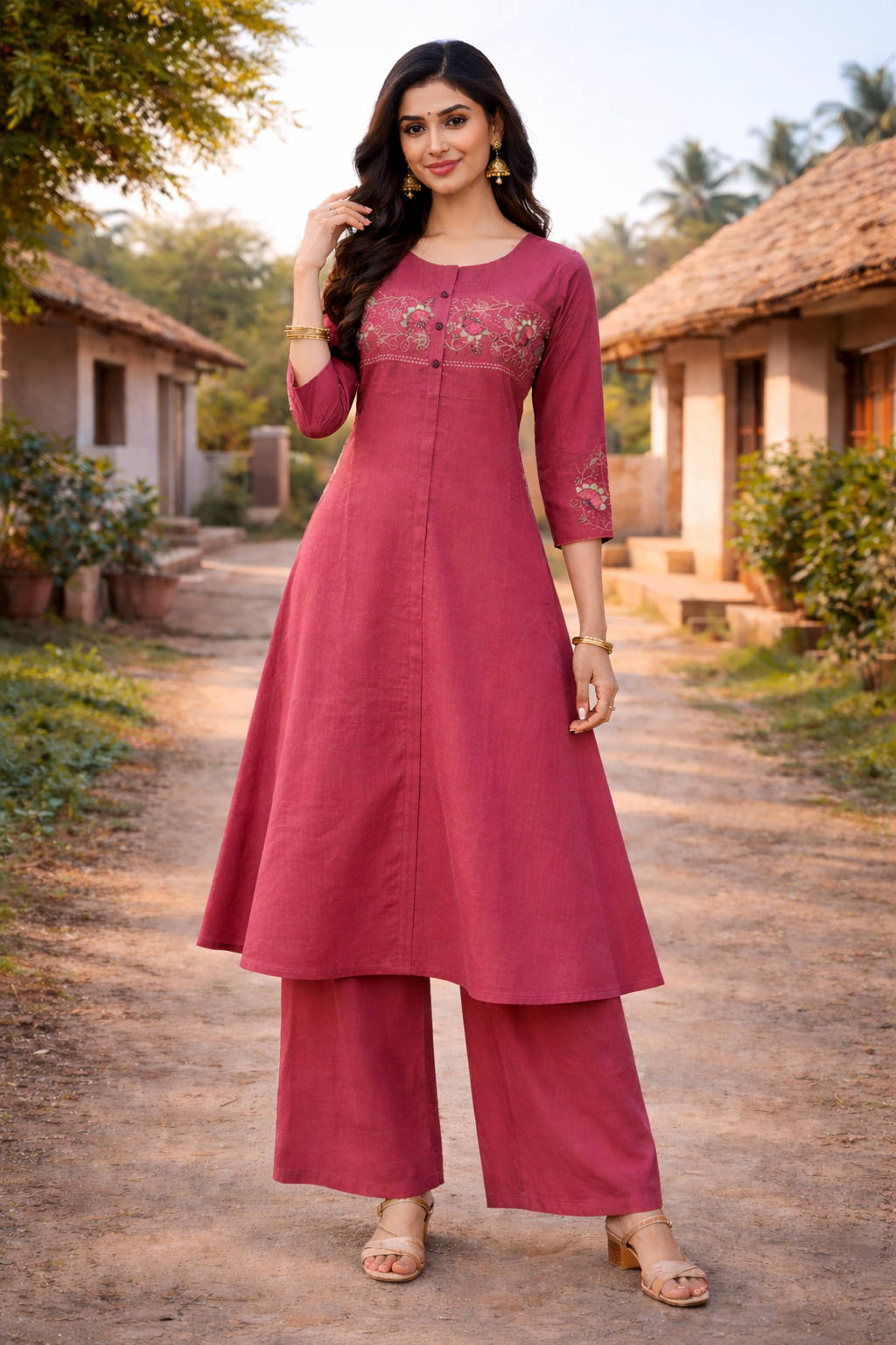 Women Verticon Fabric A-Line Co-Ord Set with Plazo Pant – Elegant Long Kurti | Kushi Creation