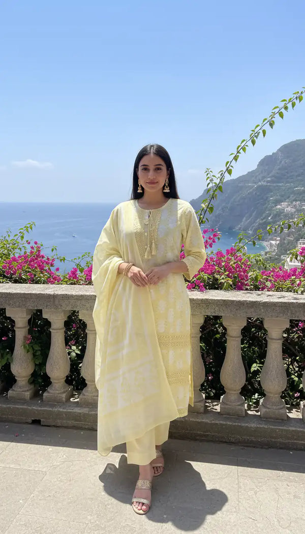 Elegant Yellow Cotton Kurti Set with Pant & Dupatta