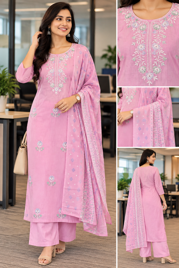 Pink Jaipur Cotton Kurti Set with Floral Embroidery & Dupatta | Kushi Creation