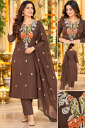 Brown Side-Cut 3-Piece Mull Cotton Kurti Set with Embroidery | Kushi Creation