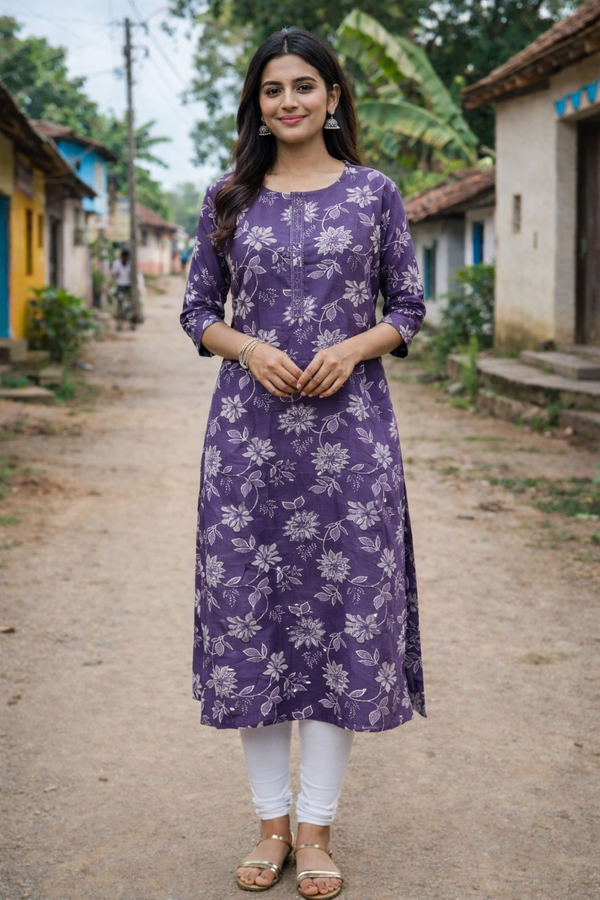 Lavender Floral Rayon Kurti for Women | Soft & Comfortable Daily Wear | Kushi Creation