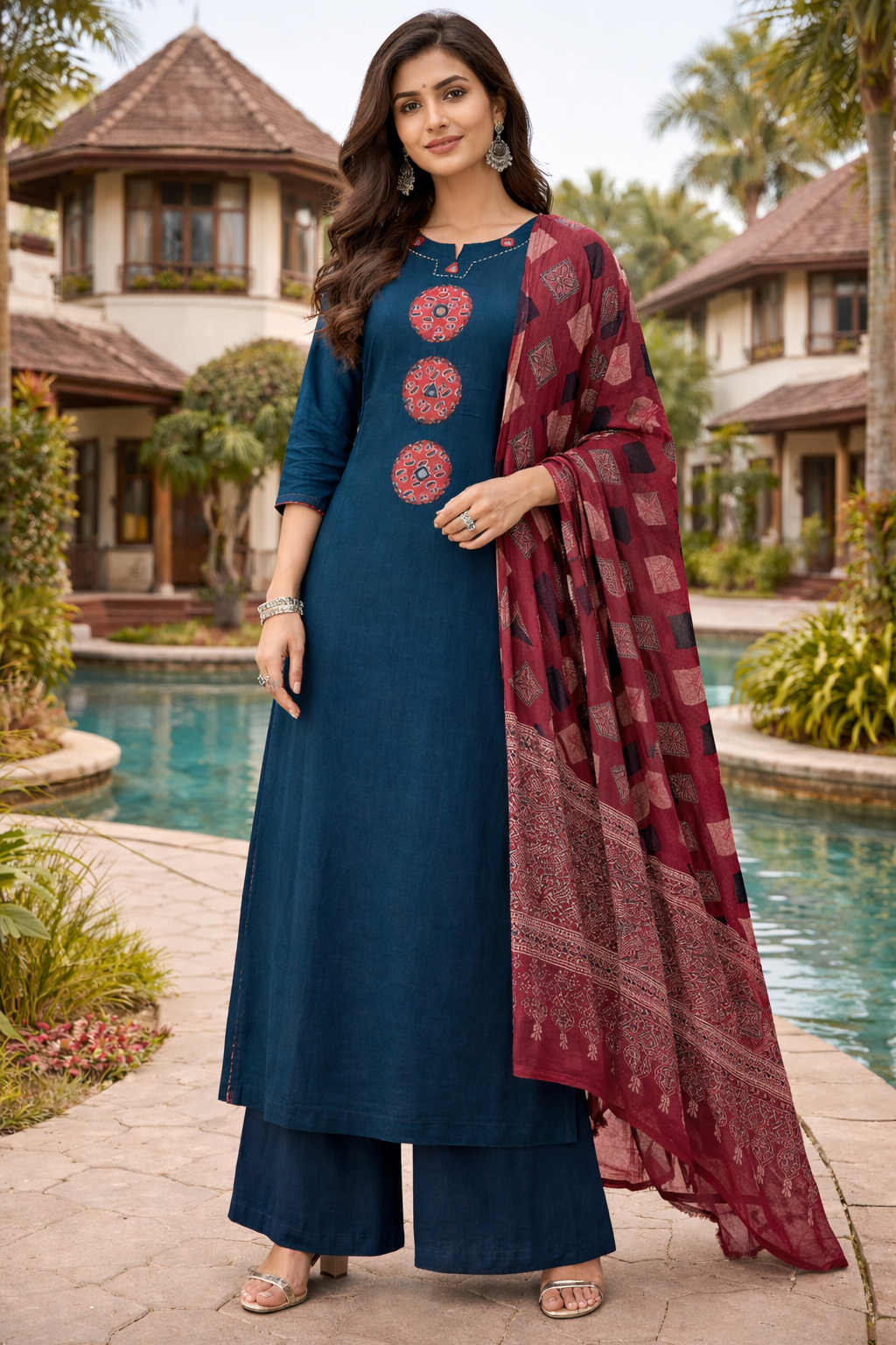 Cotton Kurti Set with Pant & Ajrakh Dupatta – Side Cut Long Kurta | Ethnic 3 Piece Set for Women