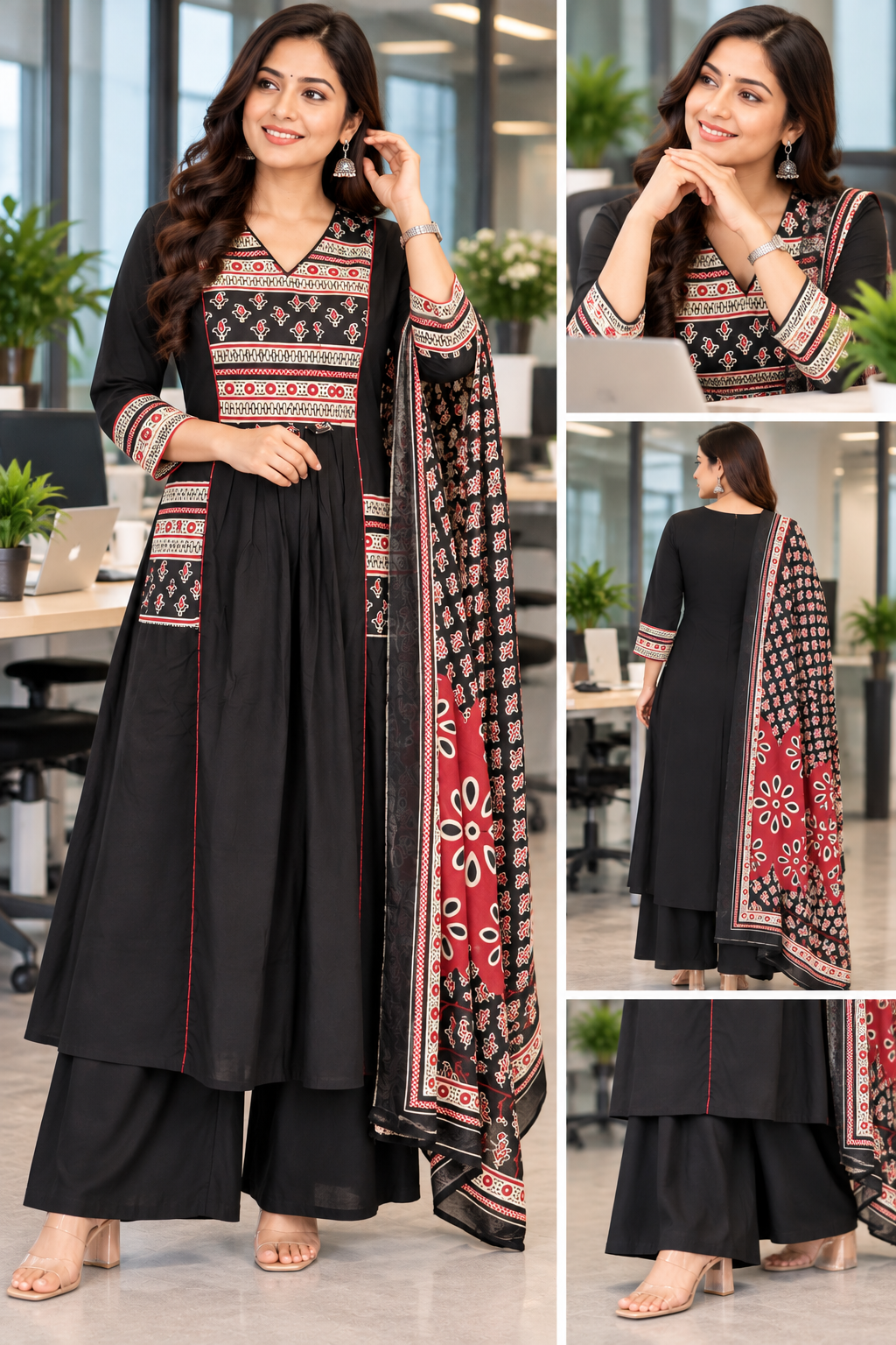 Black Dabhu Cotton A-Line Kurti Set with Printed Dupatta | Kushi Creation