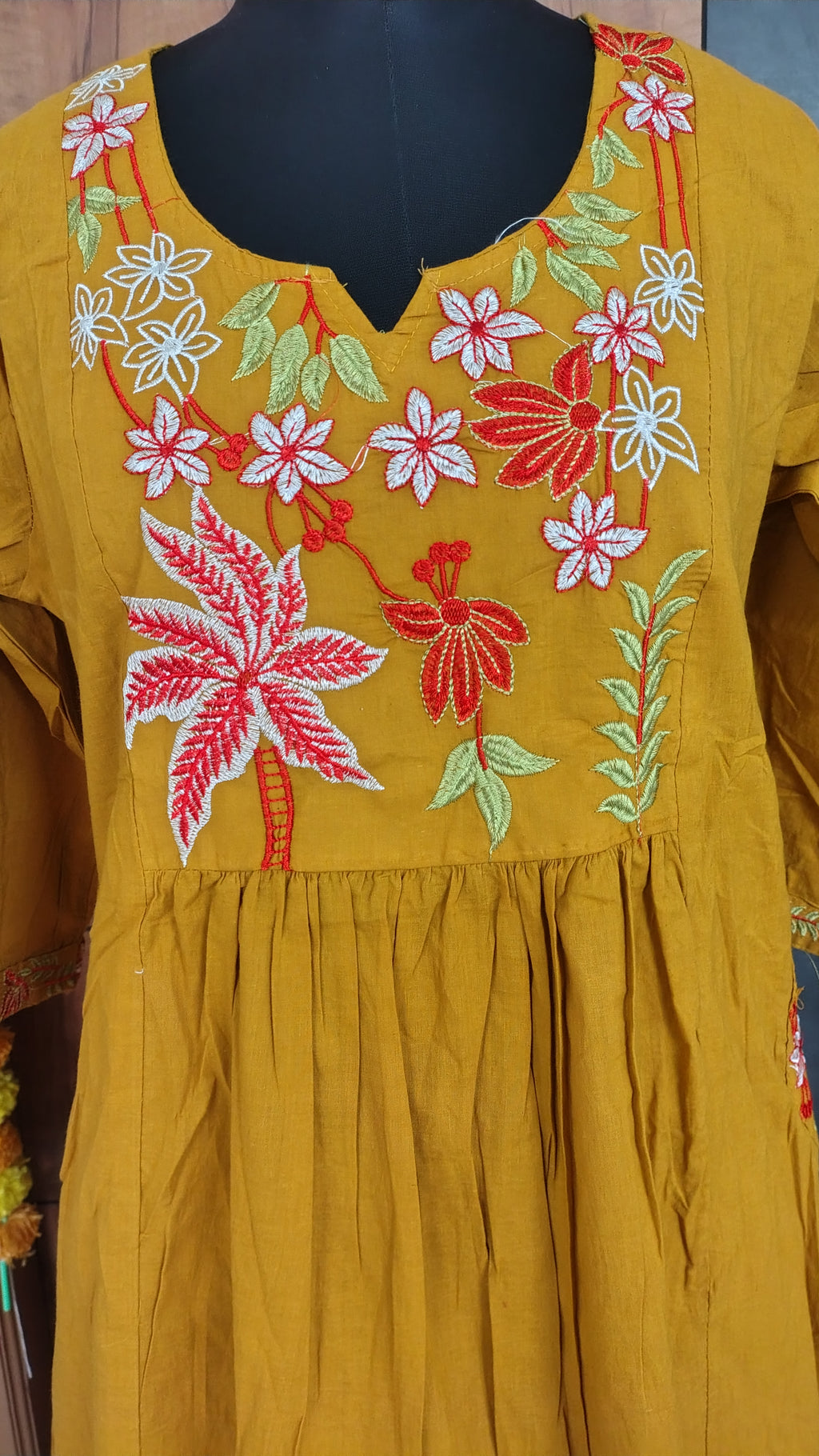 Mustard Yellow A-Line 3-Piece Mul Cotton Kurti Set with Floral Embroidery | Festive & Ethnic Wear