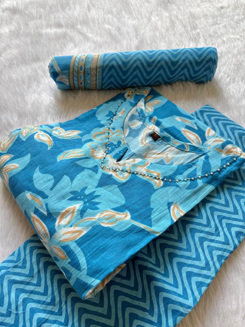 Blue Floral Jaipur Cotton Kurti Set for Women | 3-Piece Printed Kurta Set with Bottom & Dupatta | Office Wear