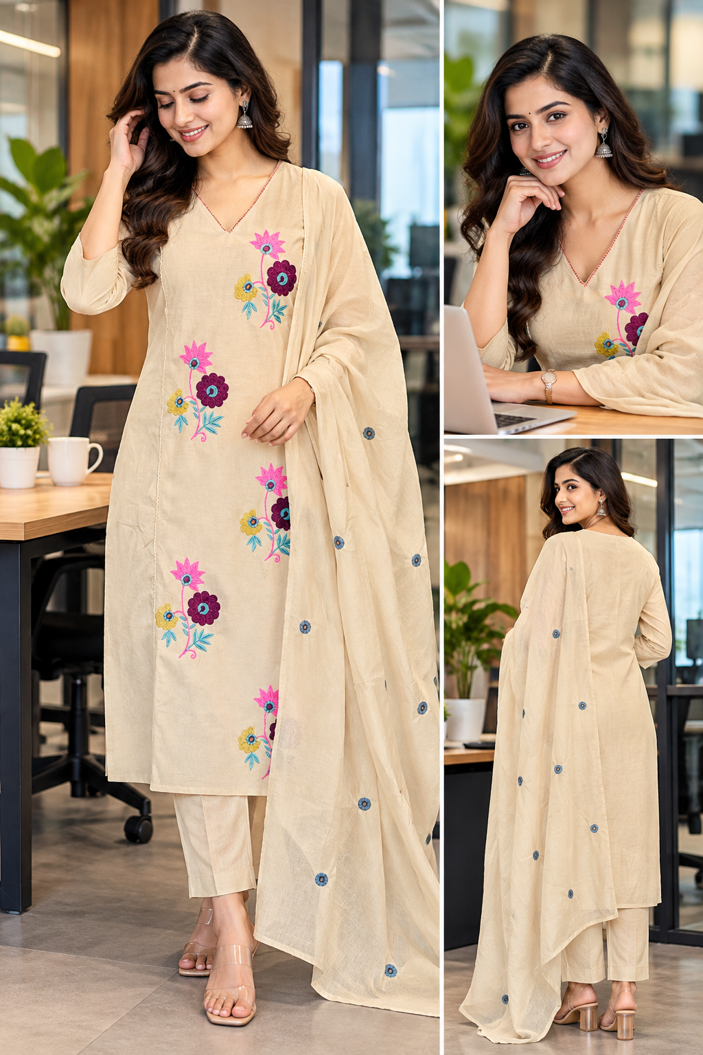 Beige Jaipur Cotton Kurti Set with Floral Embroidery | Kushi Creation