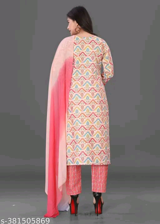 Peach Cotton A-Line Kurta Set with Dupatta & Pants
