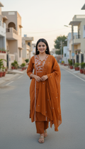 Rust Orange Cotton Embroidered Kurti Set