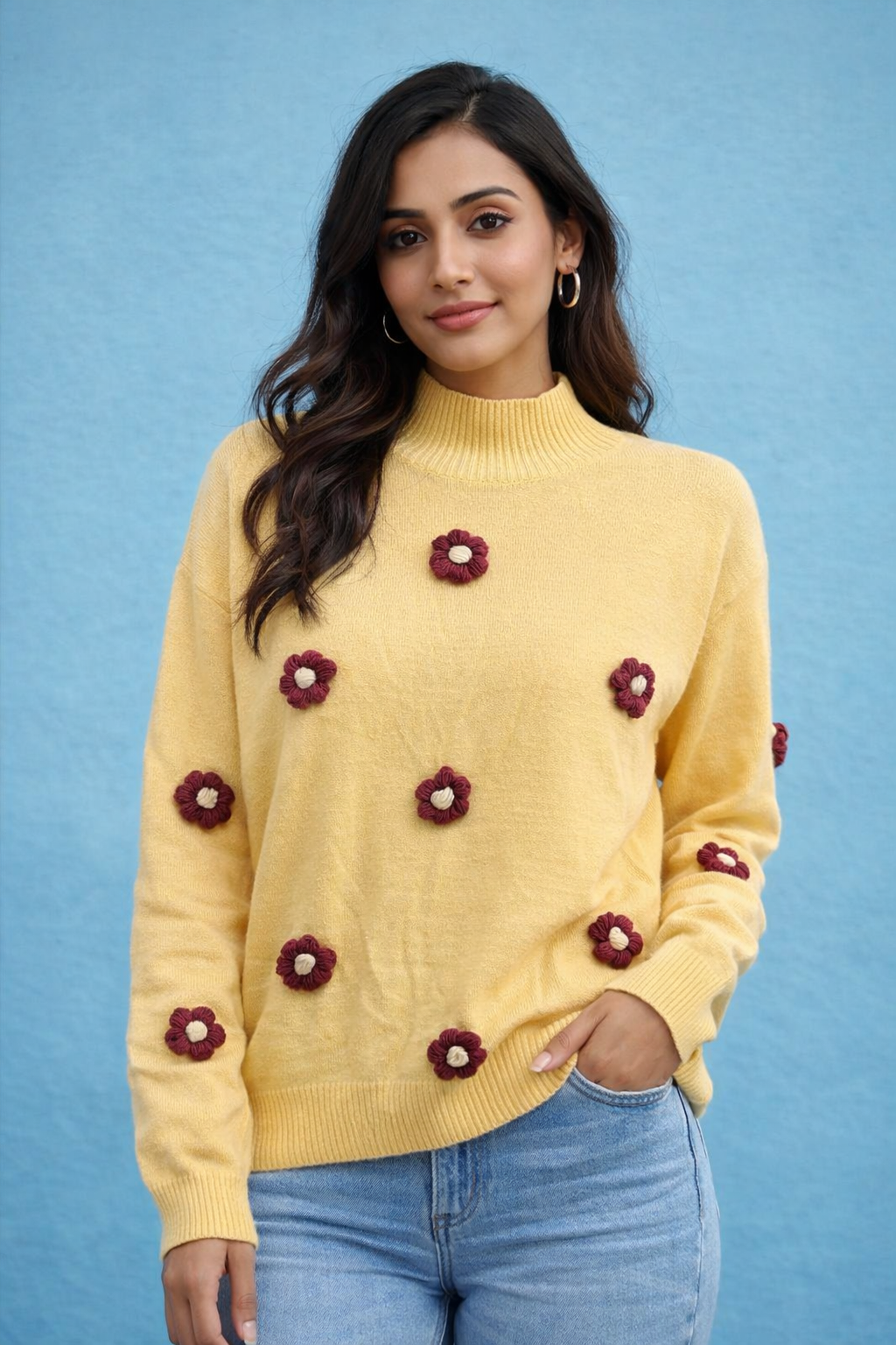 Floral Appliqué Winter Sweater for Women