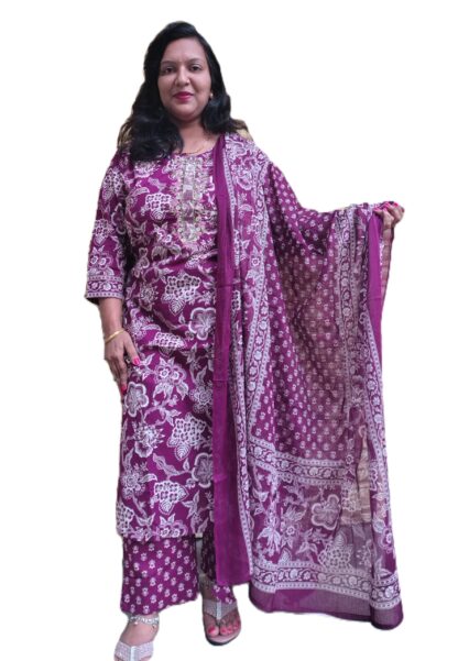 Purple 3-Piece Cotton Kurta Set - Image 3